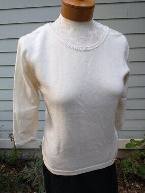 Sweater: cashmere, off-white, braid trim. Size small - by Braemer (vintage)